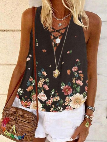 

Vintage Sleeveless V Neck Floral Printed Plus Size Casual Tops, Black, Tank Top
