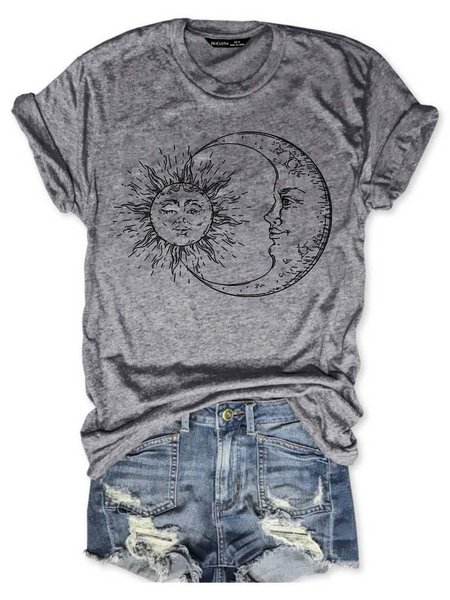 

Sun And Moon Graphic Loose Casual Tee, Gray, T-shirts