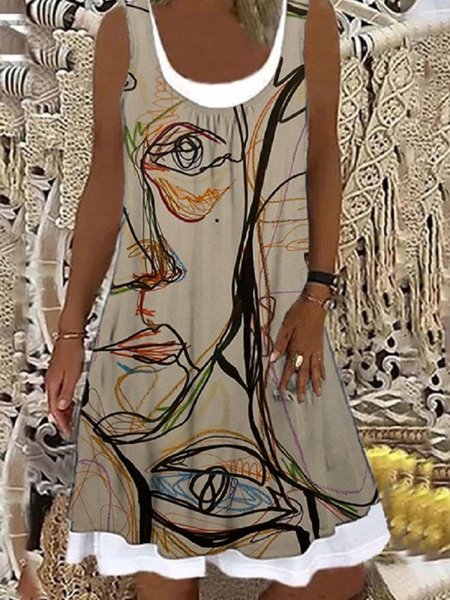 

Abstract Printed Sleeveless Cotton-Blend Casual Weaving Dress, Khaki, Casual Dresses