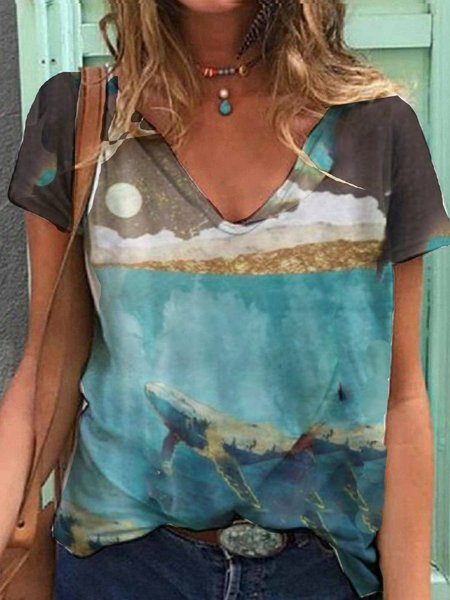 

Ocean Whale V Neck Ombre/tie-Dye Short Sleeve T-shirt, As picture, Tees & T-shirts