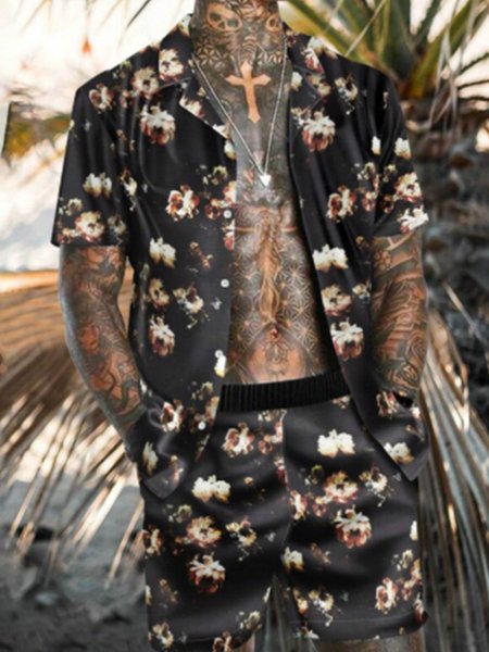 

Shirt Collar Cotton-Blend Suits, As picture, Men's Floral shirt