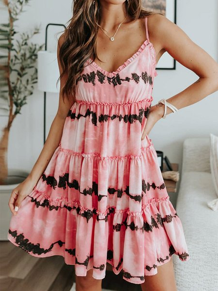

Vintage Ruffled Geometric Printed Sleeveless V Neck Plus Size Casual Dresses, Pink, Dresses