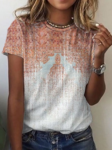 

Short Sleeve Crew Neck Cotton-Blend T-shirt, As picture, T-Shirts