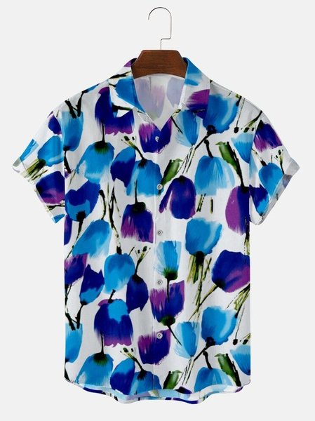 

Mens Floral Print Lapel Casual Loose Short Sleeve Hawaiian Shirt, Blue, Men's shirts