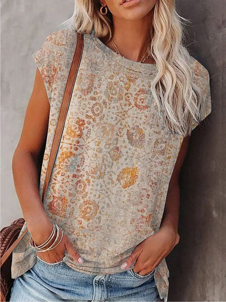 

Geometrico Maniche Corte Top, Kahaki chiaro, Tops