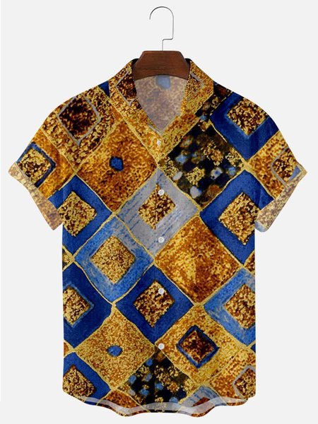 

Mens Vintage Patchwork Print Lapel Casual Loose Short Sleeve Shirt, Blue, Short Sleeves Shirts