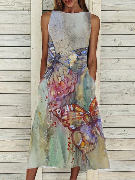 

Printed Butterfly Sleeveless Weaving Dress, Multicolor, Casual Dresses