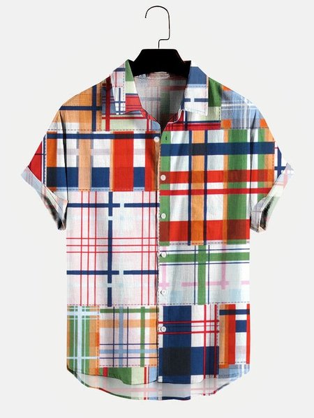 

Mens Vintage Patchwork Plaid Print Lapel Casual Loose Short Sleeve Hawaiian Shirt, Red, Men's shirts
