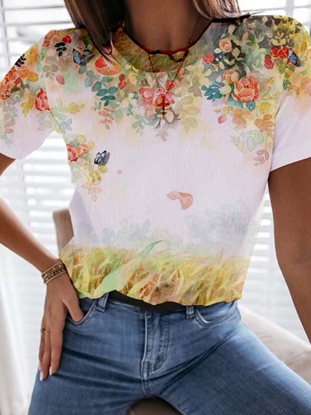

Floral Short Sleeve Printed Cotton-blend Crew Neck Holiday Summer Yellow Top, Tops