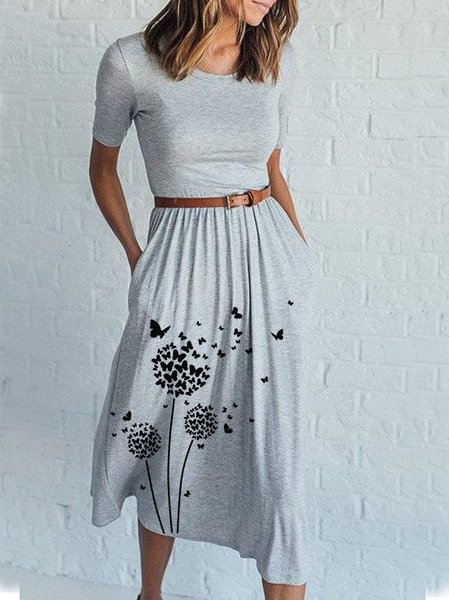 

Casuale Floreale Misto Cotone Girocollo Abito, Grigio, Midi Dresses