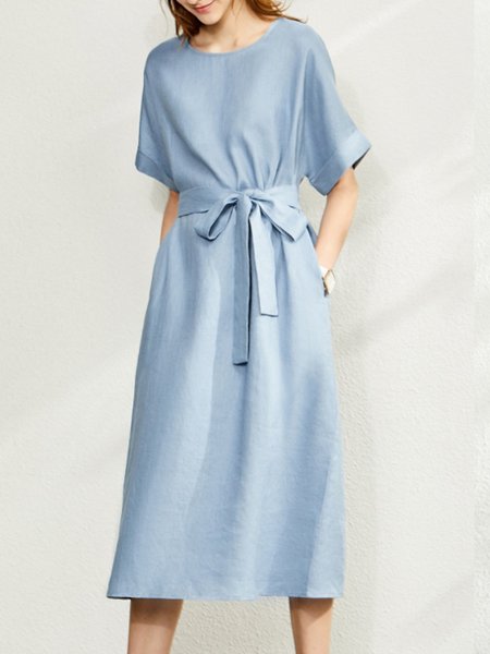 

Abito Semplice Maniche Corte Girocollo, Blu, Midi Dresses
