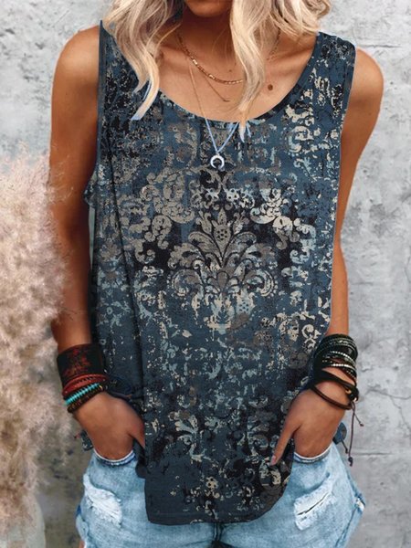 

Vintage Crew Neck Geometric Tanks & Camis, Navy blue, Tank Top