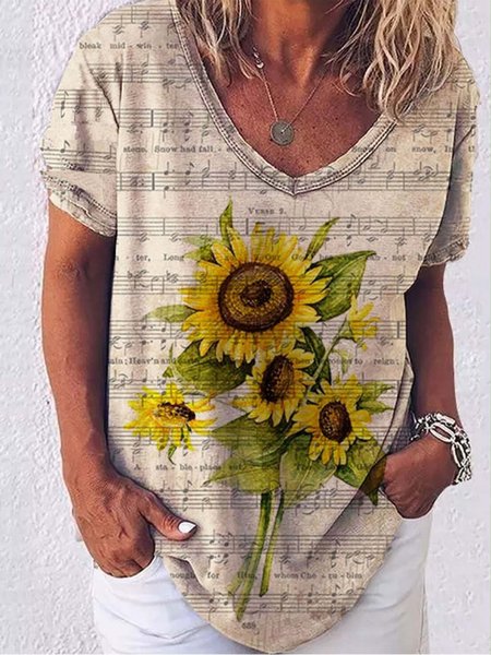 

Casual Cotton-Blend V Neck Floral T-shirt, As picture, T-Shirts