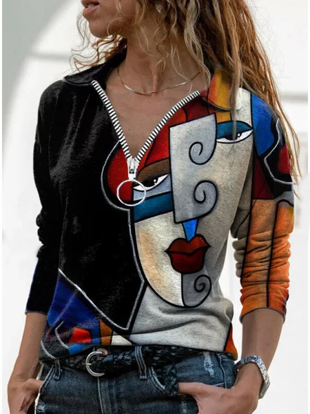 Stampato Maniche Lunghe Casuale Top, Multicolore, Tops