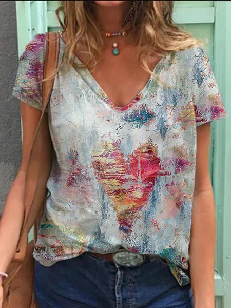 

Gradient print casual short-sleeved T-shirt and top, As picture, T-Shirts