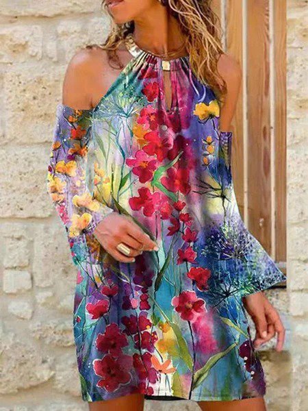 

Vintage Multicolor Floral Printed Halter Plus Size Casual Dresses, Dresses