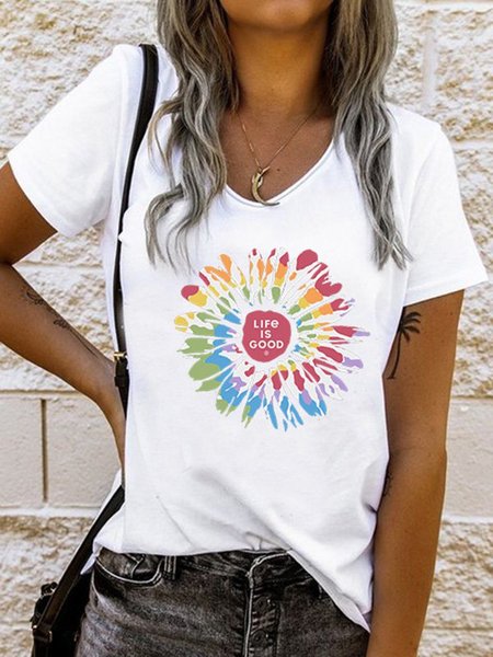 

Stampato Floreale Scollo a V Maniche Corte Casuale Top, Bianco, Tops