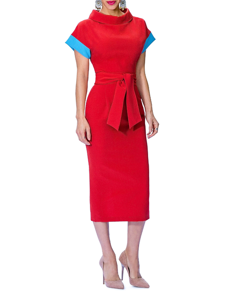 

Short Sleeve Sheath Color-Block Stand Collar Dress, Red, Midi Dresses