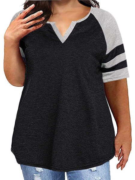 

Women V Neck Raglan Short Sleeve T Shirt Plus Size Striped Loose Casual Baseball Tunic Tops, Black, T-Shirts