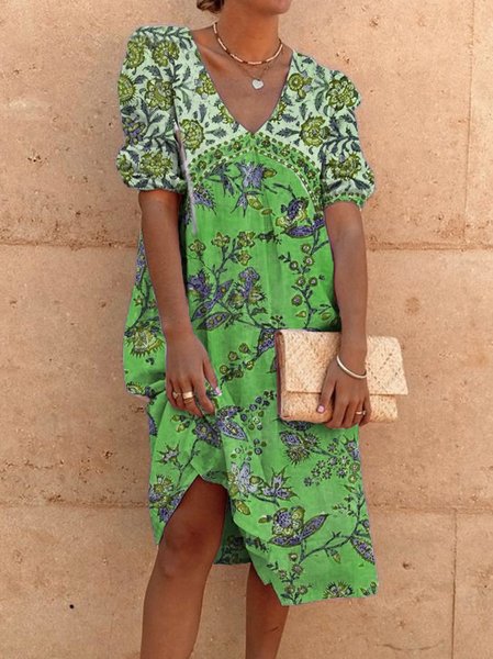 

Vintage Bohemian Vacanza Casuale Mezza Manica Dritto Gonna Casuale, Verde, Linen & Cotton Dresses