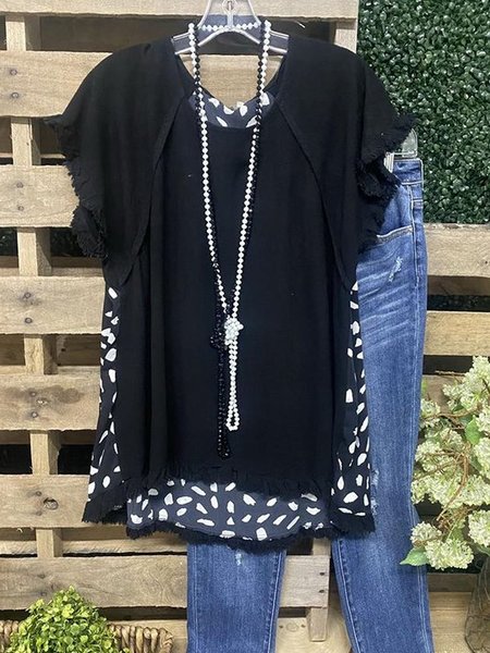 

Short Sleeve Polka Dots Crew Neck Printed Shirts & Tops, Black, Tops