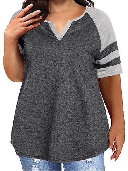 

L- Women V Neck Raglan Short Sleeve T Shirt Plus Size Striped Loose Casual Baseball Tunic Tops, Gray, T-Shirts