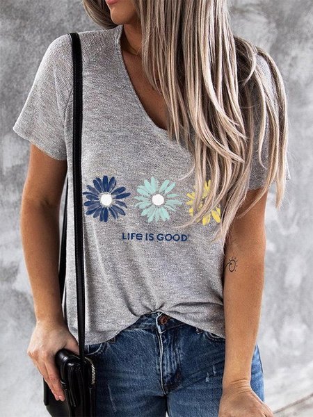 

Maniche Corte Misto Cotone Casuale Stampato Floreale Top, Grigio, Tops
