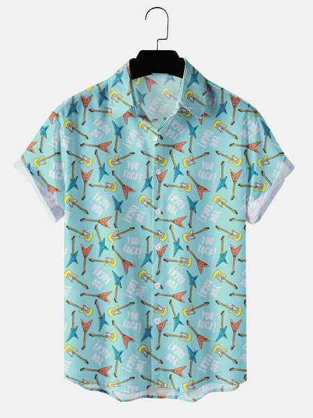 

Mens Rock Roll Punk Guitar Print Lapel Casual Loose Short Sleeve Hawaiian Shirt, Blue, Men's Floral shirt