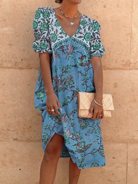 

Plus Size Vintage Boho Holiday Casual Half Sleeve Shift Casual Weaving Dress, Blue, Dresses