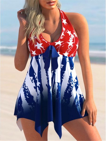 

American flag print swimsuit suit halterneck one-piece swimsuit, Red, Swimwear