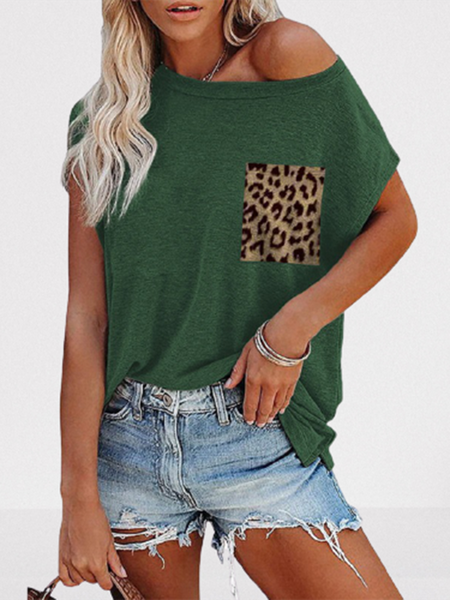 

Leopard Print Pocket Crew Neck Tee, Green, T-shirts