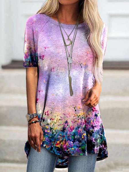 

Abstract Casual Short Sleeve T-shirt, Multicolor, Tunics