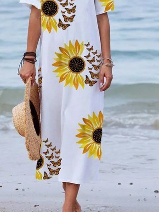 

Casual V Neck Women Dress, White, Maxi Dresses