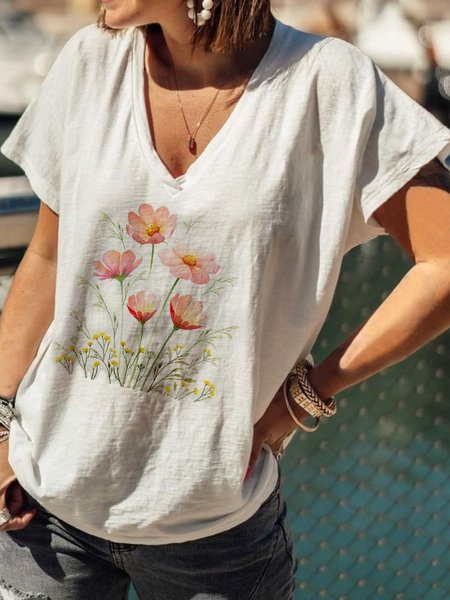 

Casuale Floreale Maniche Corte Scollo a V Camicie & Top, Bianco, Tops