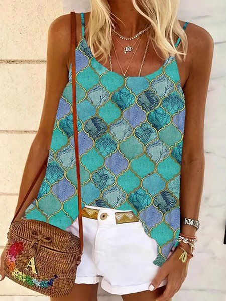 

Vintage senza maniche Girocollo Geometrico Stampato taglia grande Casuale Top, Verde, Tops