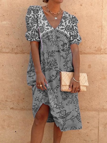 

Vintage Bohemian Vacanza Casuale Mezza Manica Dritto Gonna Casuale, Grigio, Linen & Cotton Dresses