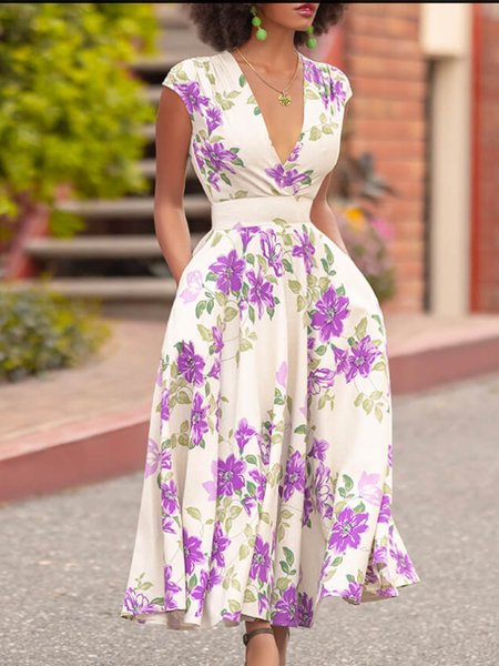 

Short Sleeve Resort Floral Printed Midi Dress, As picture, Midi Dresses