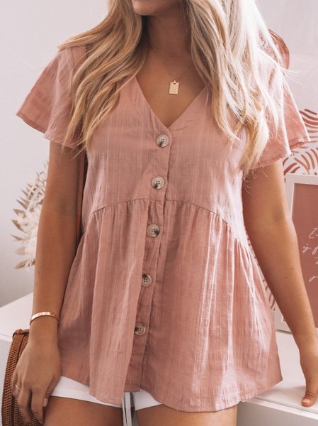 

Short Sleeve Cotton-Blend Solid Casual Blouse, Pink, Blouses & Shirts