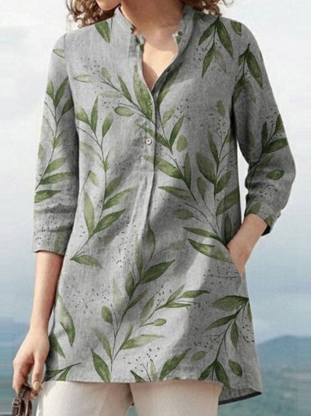 

Cotton And Linen Leaf Print Blouse, As picture, Blouses & Shirts