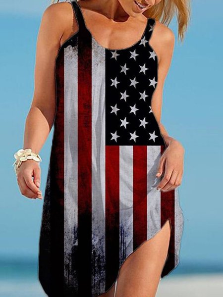 

Flag Printed Crew Neck Holiday Sleeveless Knitting Dress, Black, Floral Dresses