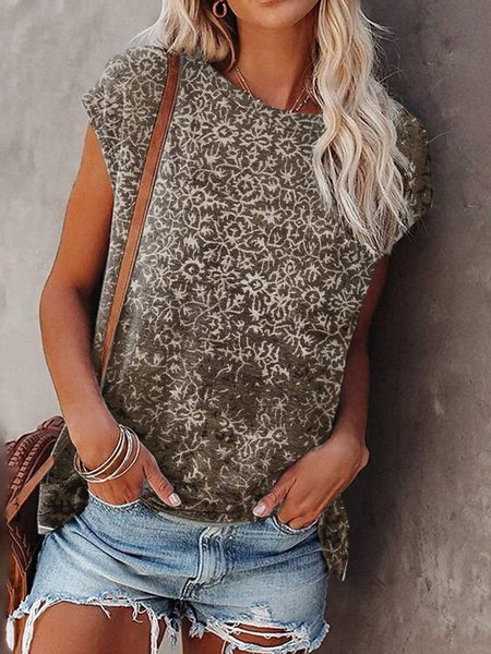 

Dritto Misto Cotone Vacanza Maniche Corte Top, Caffè, Tops