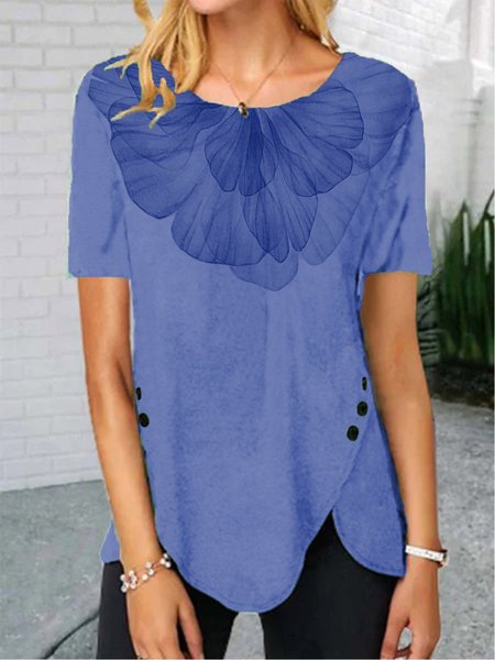 

Short Sleeve Floral Crew Neck Casual Shirts & Tops, Blue, Blouses & Shirts