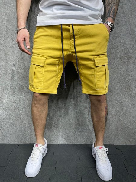 

Casual Cotton Solid Drawstring Cargo Shorts, Yellow, Men's shorts