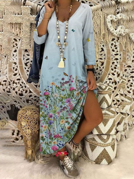 

Romantico Stampato Floreale Vacanza Maniche Lunghe Abito, Blu, Dresses
