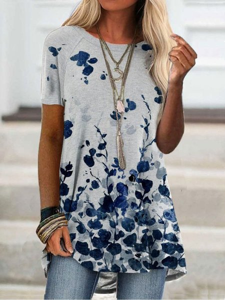 

Round Neck Floral Print Short-sleeved T-shirt, As picture, Tees & T-shirts