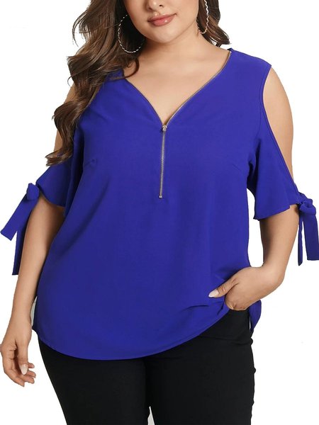 

Casual Cotton-Blend V Neck Short Sleeve Tops, Blue, T-Shirts