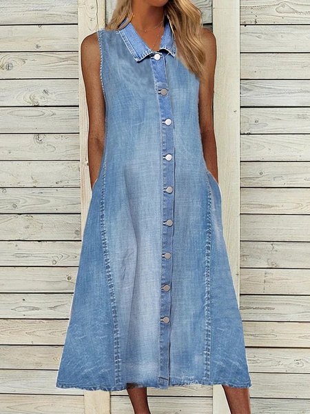 

senza maniche Casuale Denim Collo a scialle Abito, Blu, Midi Dresses