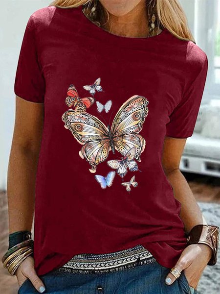 

Vintage Short Sleeve Crew Neck Butterflies Printed Plus Size Casual Tops, Wine red, Blouses & Shirts