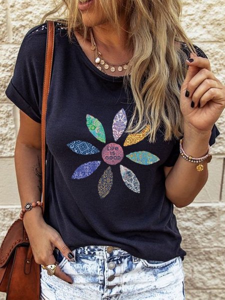 

Stampato Floreale Maniche Corte Girocollo Casuale Top, Blu marino, Tops