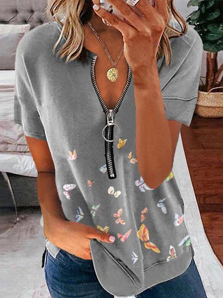 

Vintage Maniche Corte Cerniera Scollo a V Farfalle Stampato taglia grande Casuale Top, Grigio, Tops